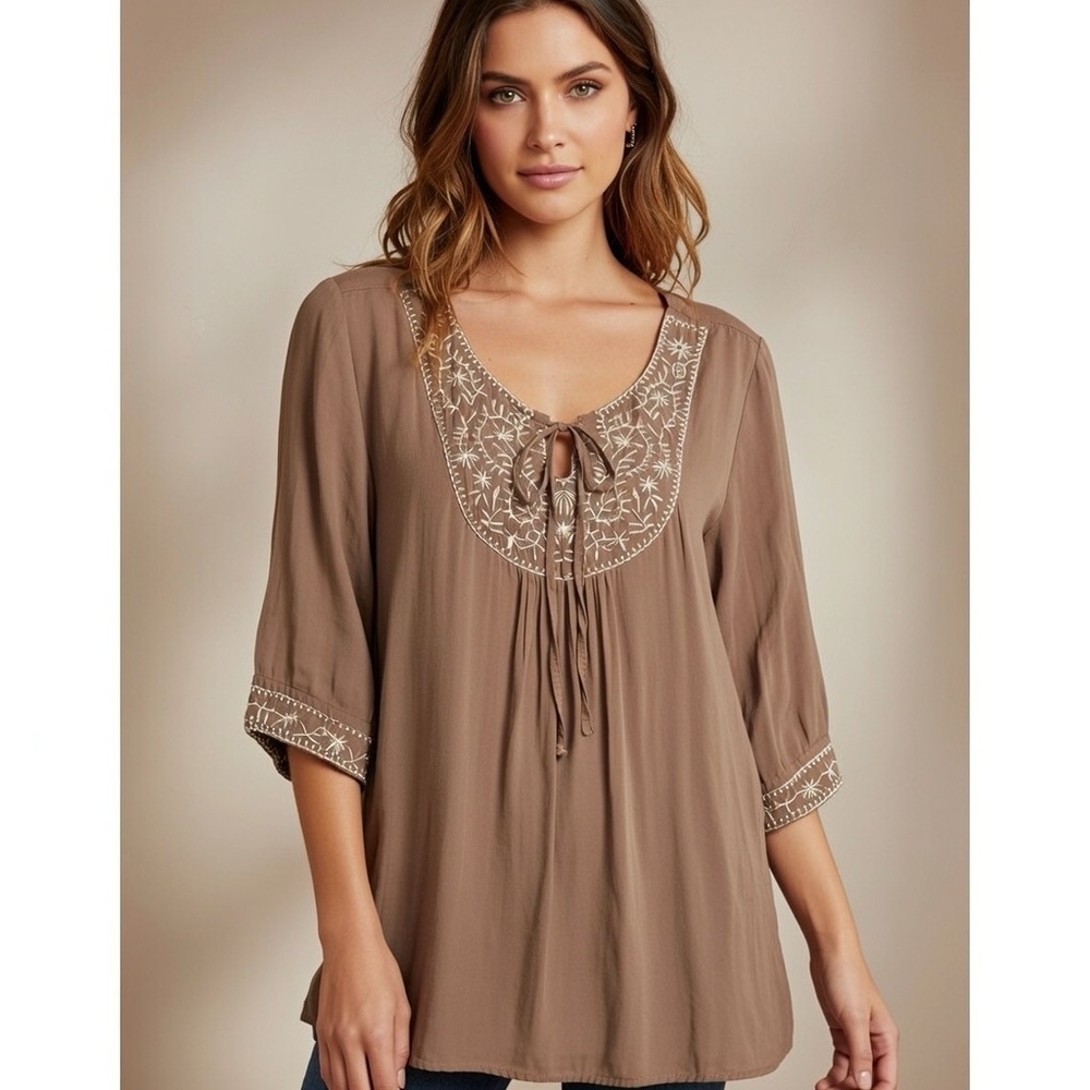 Paige Womens Top Size M Boho Embroidered 3/4 Sleeve Hi-Lo Tie-Neck Blouse Tan
